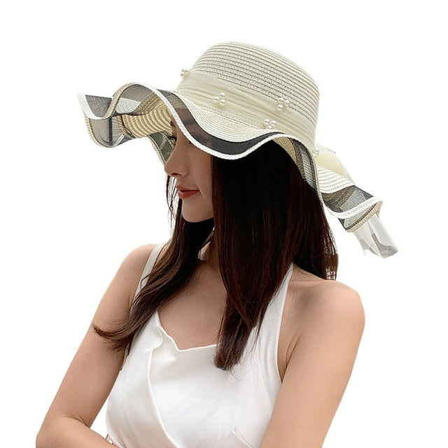 Sun Hat Large Brim Breathable Folding Comfortable Packable Sun Protection Ruffle Edge Bow Ribbon Faux Pearl Decor Summer Beach Straw Hat for Women