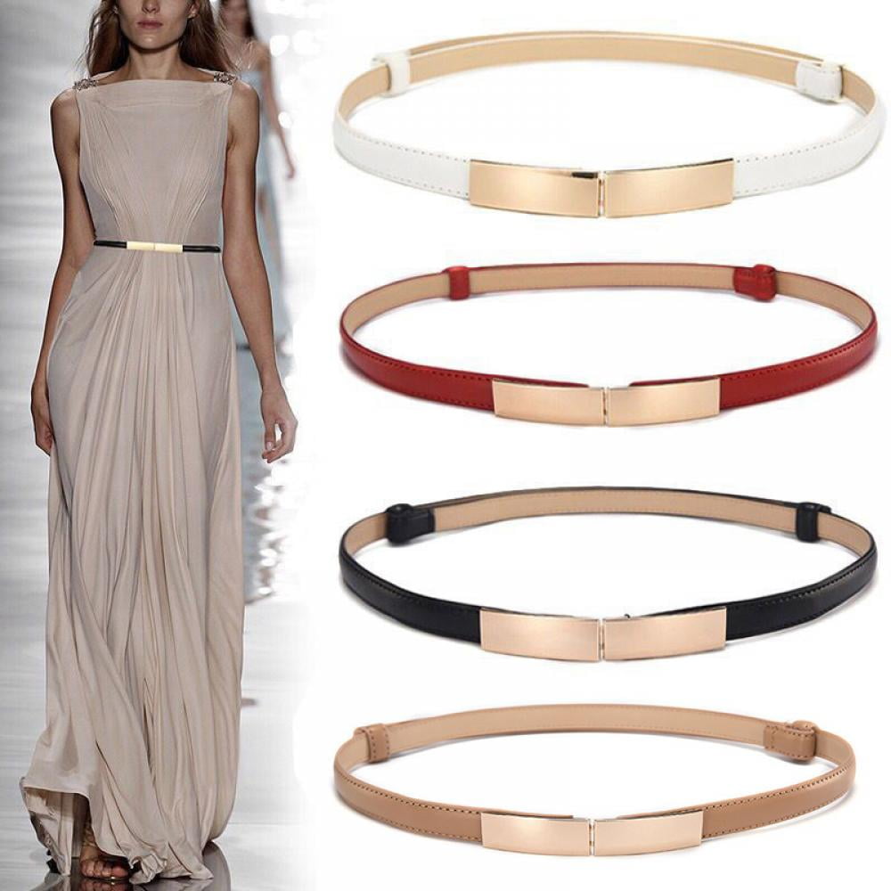 Women Skinny Metal Cinch Belt Elastic Waist Belt,Dress Fashion Skinny  Leather Belts Adjustable Thin Waist Belt Gold Solid Color Plaque Buckle 