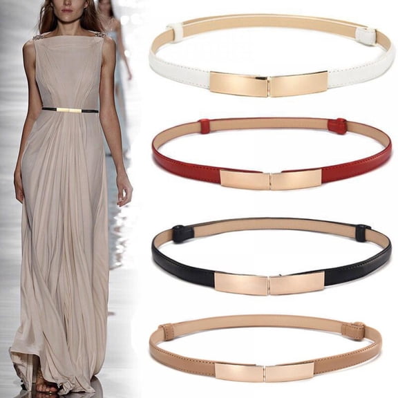 Women Lady Leather Belt Thin Skinny Metal Gold Elastic Buckle Waistband Belt Dress Clothing Accessories Slim Faux Leather Waistband Belt