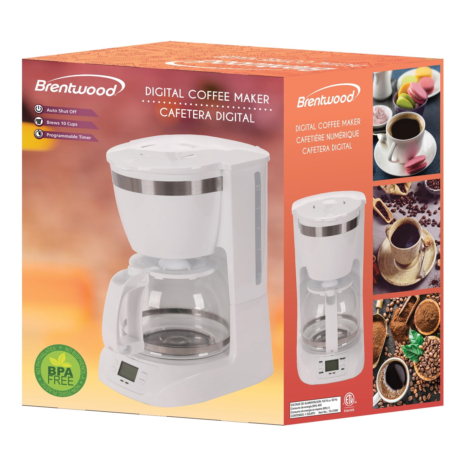 Brentwood 10-Cup Digital Coffee Maker (White), TS-219WPT
