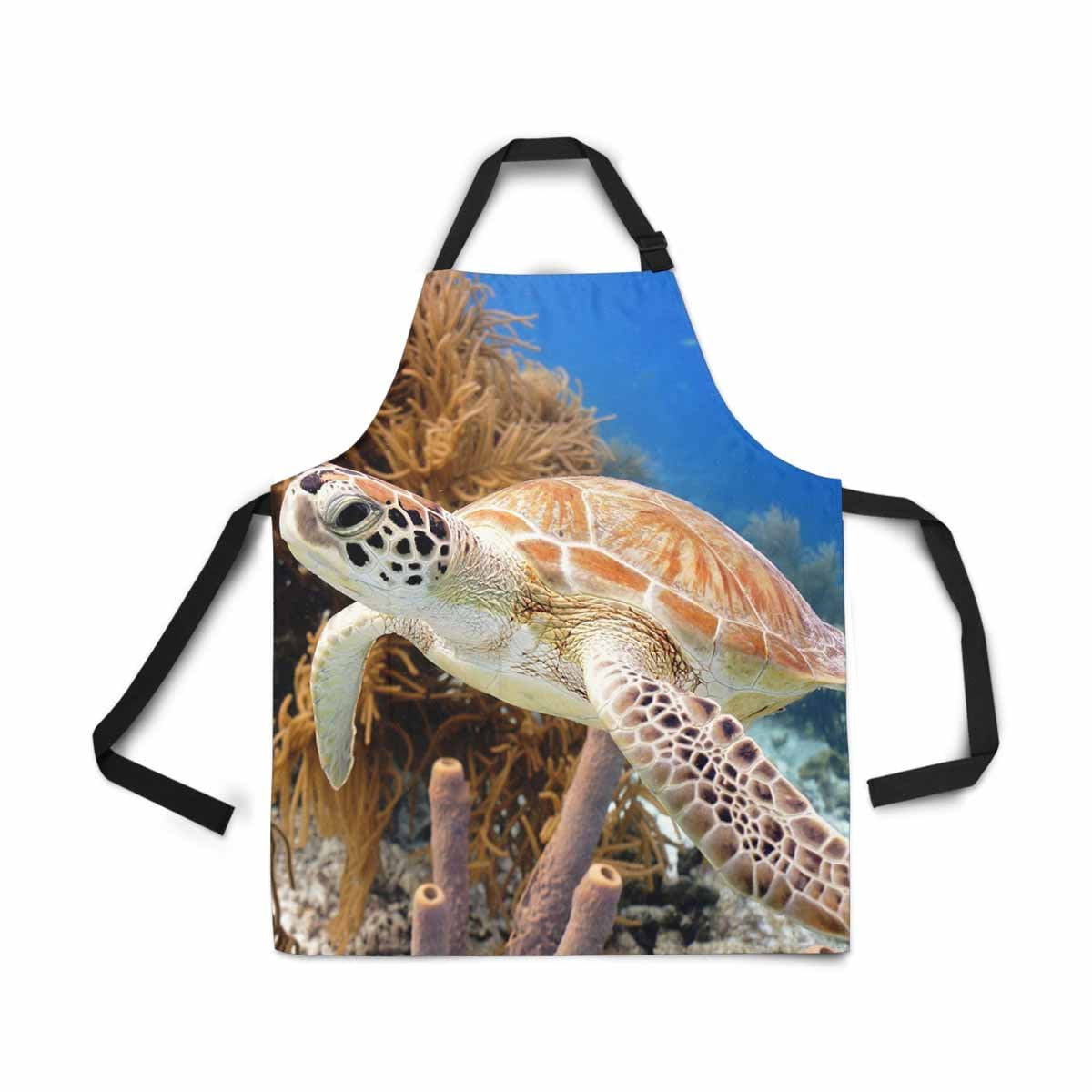 ASHLEIGH Green Sea Turtle Swimming Along Tropical Coral Reef Adjustable Bib Apron for Women Men Girls Chef with Pockets Novelty Kitchen Apron for Cooking Baking Gardening Pet Grooming Cleaning