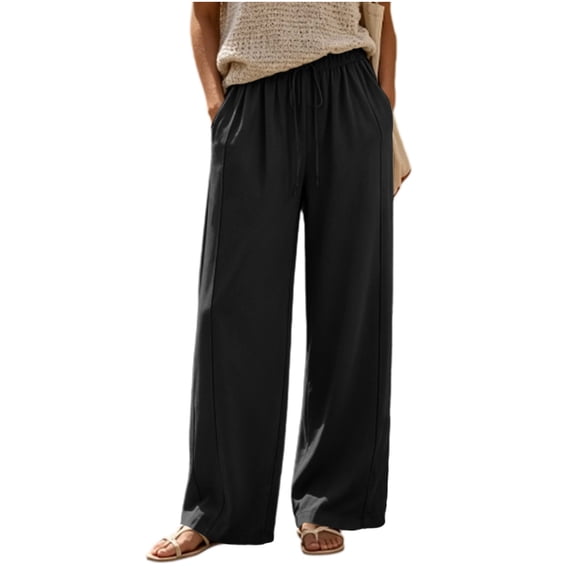 ZHYou No Boundarie Womens Wide Leg Pants Drawstring High Waist Lightweight Flowy Floor Length Casual Lounge Trousers with Side Pockets,Black,Size M