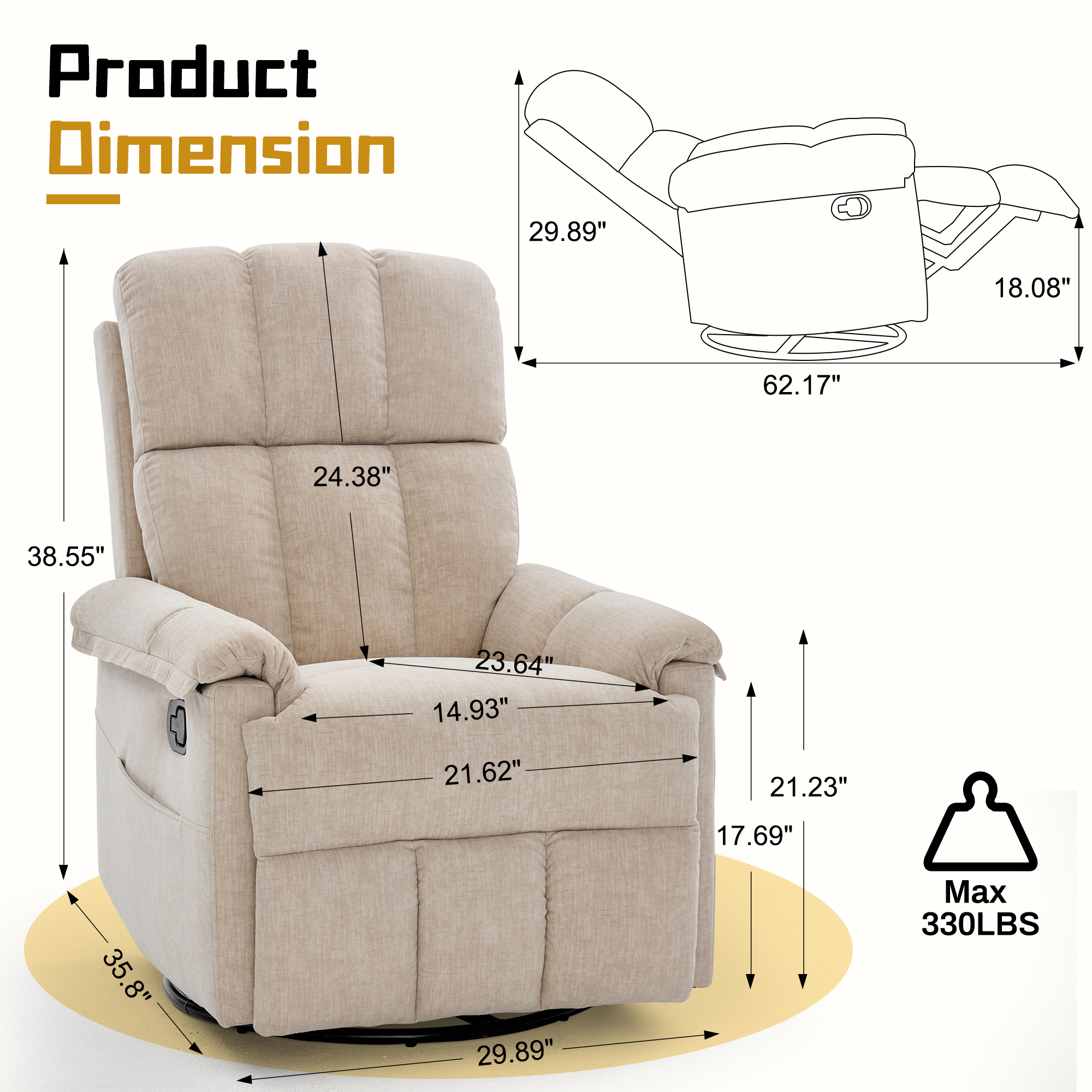 Korser 360°Swivel Recliner Chair for Adults with Side Pockets,Small Rocking Recliner for Small Spaces for Living Room,Nursery,Khaki