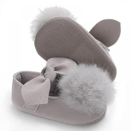 

Baby Dress Shoes Infant Girls Soft Sole Flats with Hairball Moccasins First Walkers Shoes Non-Slip Princess Dress Shoes Gray