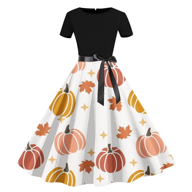 Jusqu'à 65 % de Réduction! Robes de Mode d'Été pour Femmes 2024 Grande Taille Halloween Décontracté Manches Courtes Col Rond Ceinturé Imprimé Irrégulier Robe Complète