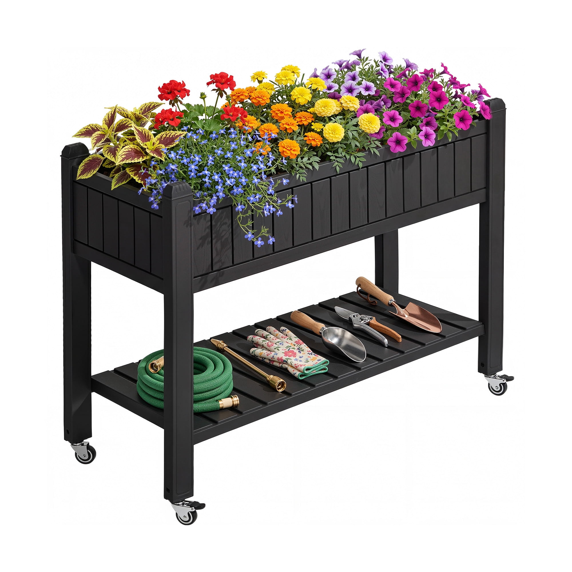 Uforic Mobile Raised Garden Bed 42.5x17.3x35.4 in, Elevated Plastic Planter Box with Drain Plug, Storage Shelf & Wheels, Black