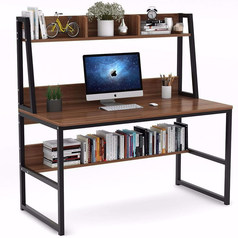 Tribesigns 42 in. Computer Desk Wood Brown Office Desk Study Desk with Hutch and Shelves for Small Space