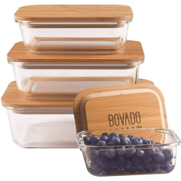 Set of 4 Glass Storage Containers Bamboo Lids Leakproof Microwave