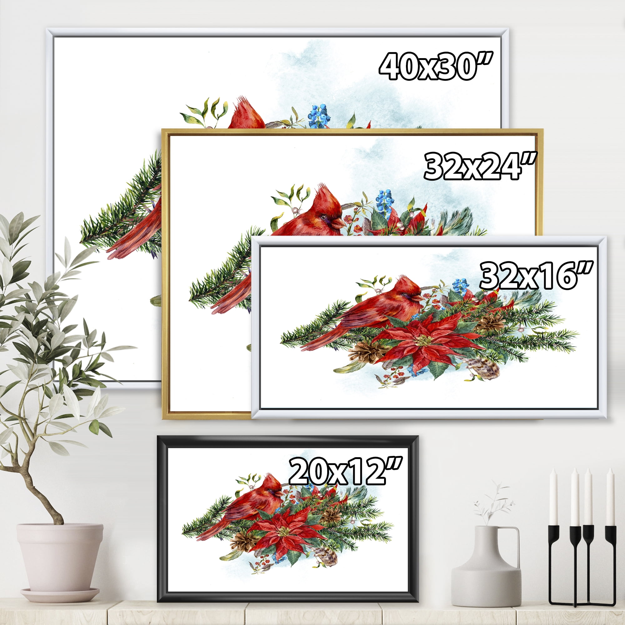 Designart 'Christmas Red Cardinal Bird and Poinsettia' Traditional Framed Canvas Wall Art Print
