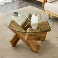 thumbnail image 3 of Round Glass Top Coffee Tables for Living Room, 33.4 Inch Rustic Farmhouse Center Table, Mid Century Circle Cocktail Table with Wood Crossed Legs, 3 of 7