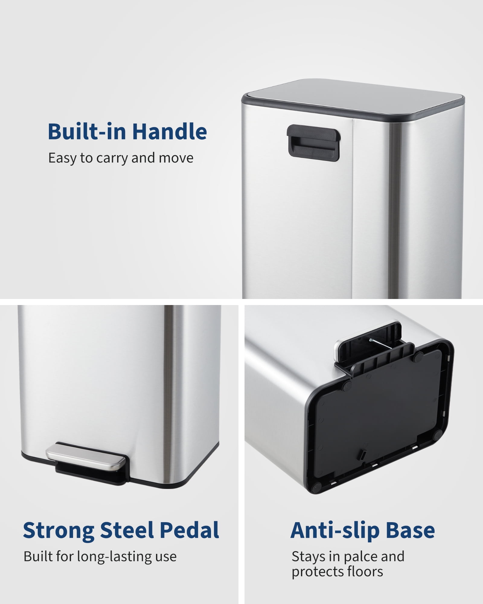 Space-Saving Bathroom Trash Can, 3.4 Gallon Small Trash Can with Soft-Close Lid, Foot Pedal & Removable Inner Bucket, Rectangular Stainless Steel Garbage Can for Home, Office, Silver