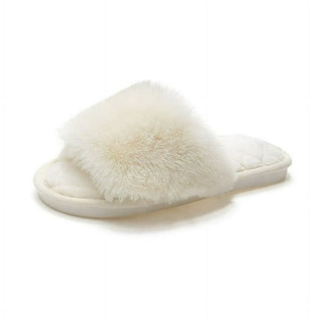 

hotio 2024 LongBay Women s Fuzzy Faux Fur Memory Foam Cozy Flat Spa Slide Slippers Comfy Open Toe Slip On House Shoes Sandals 11 US