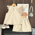 thumbnail image 4 of THDHVS Girls Summer Outfits,Casual Short Sets for Kids,Solid Color Bow Pleated Sleeveless Clothes Shorts Two-piece Set Summer Girl's Clothing Beige 6-7 Years, 4 of 6