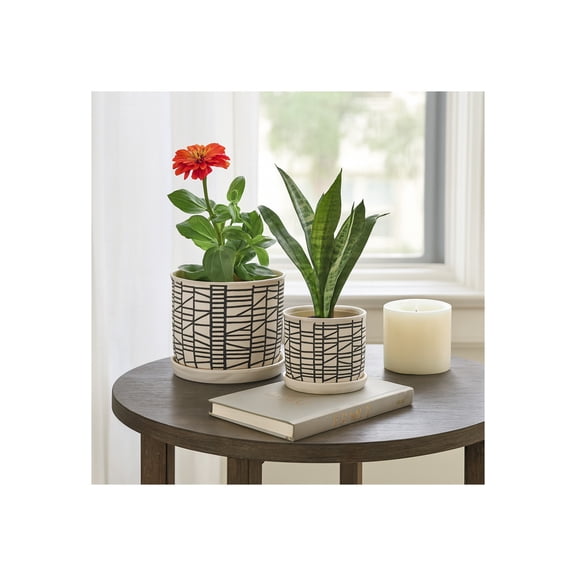 Sagebrook Home Set Of 2 Ceramic 6/8" Planter With Saucer, Beige, Round, Ceramic, Contemporary, 8"H, Geometric