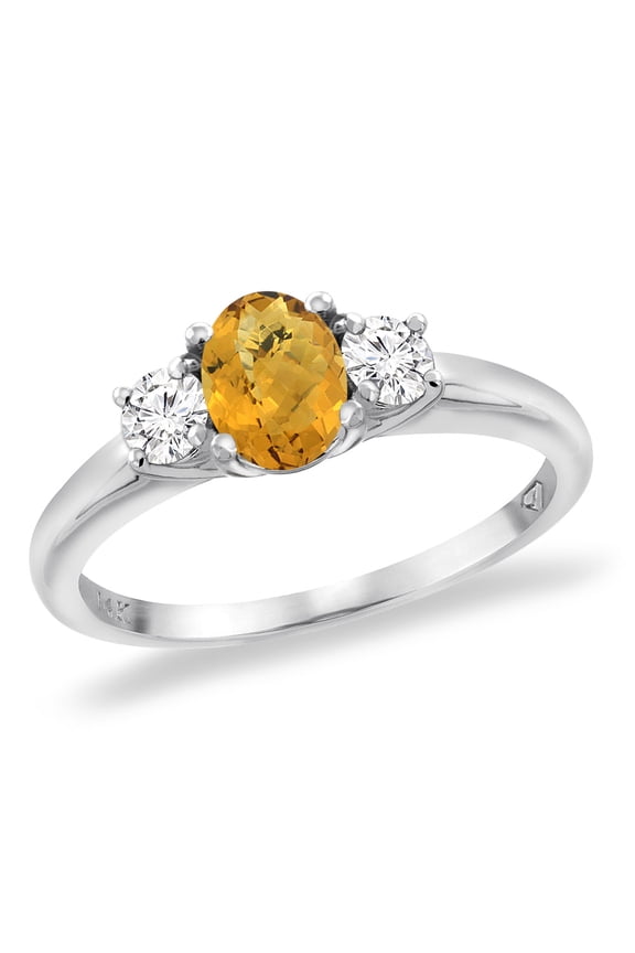 14K White Gold Natural Whisky Quartz Engagement Ring Diamond Accents Oval 7x5 mm, size 7