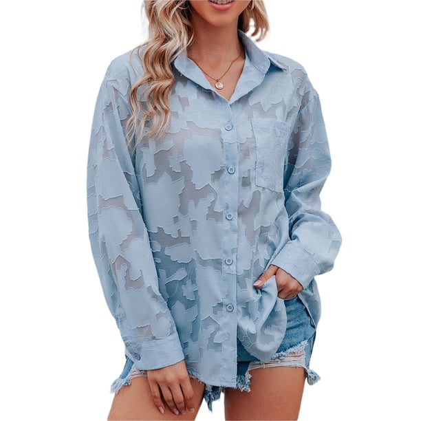 SAYOO Camisas elegantes para mujer, blusa de gasa con botones de manga larga de jacquard de color puro SAYOO S M L XL XXL