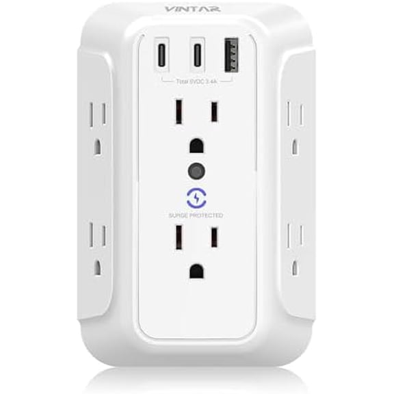 Surge Protector Outlet Extender,  6 Outlet Splitter with 3   Ports (2  C Ports), 900J Multi Plug Outlet Power Strip, 3-Sided  Wall  for  Office Dorm Room Essentials