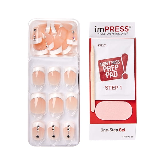 Kiss Impress Design Press On Nails , ‘Falling’, White French Tips, Short Squoval, 30 Count