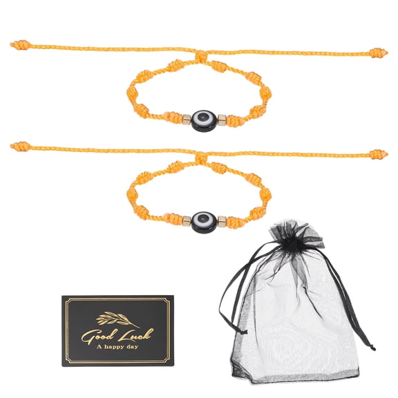 Uxcell 2pcs Evil Eye Bracelet, Handmade Knots Braided Rope String Adjustable Evil Eye Waterproof Good Luck Bracelet Set with Card & Mesh Bag for Luck Protection Women Men Gifts, Orange