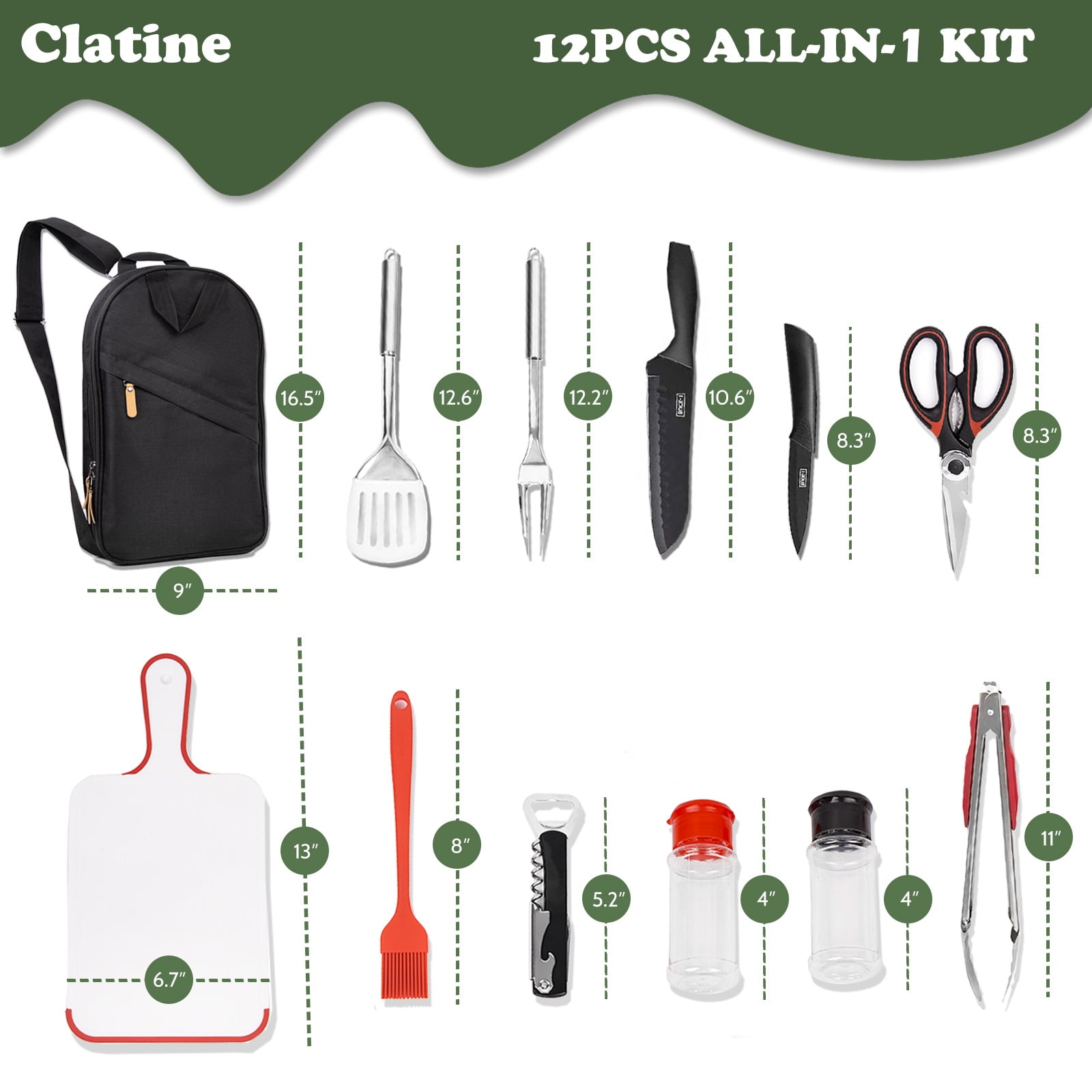 Camp Utensil Set Kitchen Cooking BBQ Grill Tool Kit with Organizer Bag, Clatine 12-Piece Travel Kitchen Grill Accessories Portable Compact Gear Cookware Kit for Camping RV Sailboat Backyard BBQ
