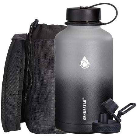 

SENDESTAR Stainless Steel Water Bottle-12oz 24oz 40oz or 64oz with New Straw Lid or Spout Lid Keeps Liquids Hot or Cold with Double Wall Vacuum Insulated Bottle (64 oz-Black)