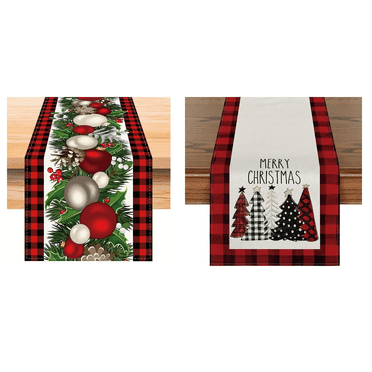 2PCS Christmas Table Runner 13 x 72 Inch Red Buffalo Plaid Style, Linen Xmas Ornaments Table Cloth Runner for Home Kitchen Dining Party Decor