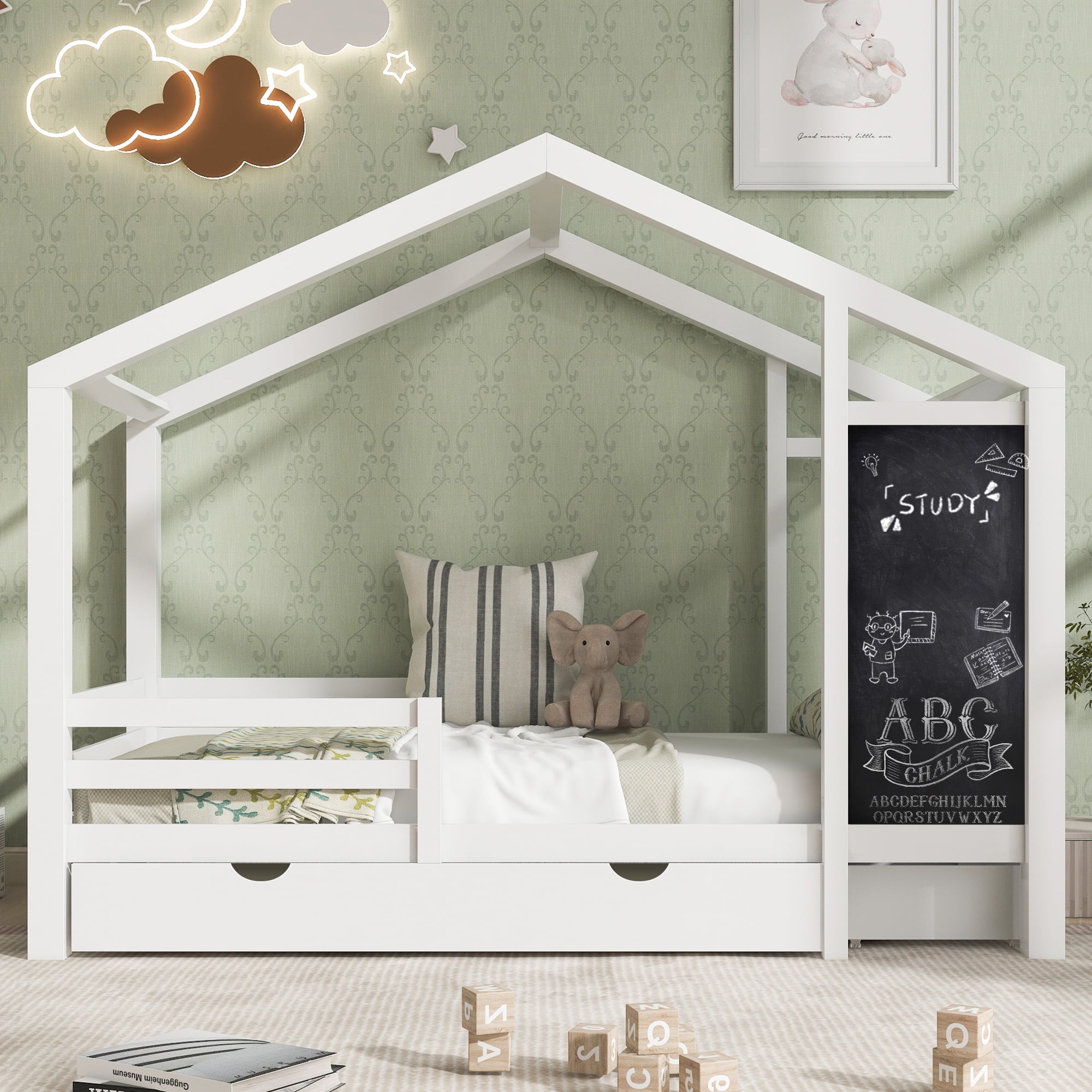 DreamBuck Twin Size House Bed with Storage Drawers and Blackboard, Wood Playhouse Platform Bed with Guardrails and Slats, Twin House Bed for Boys, Girls, Easy Assembly, Noise Free