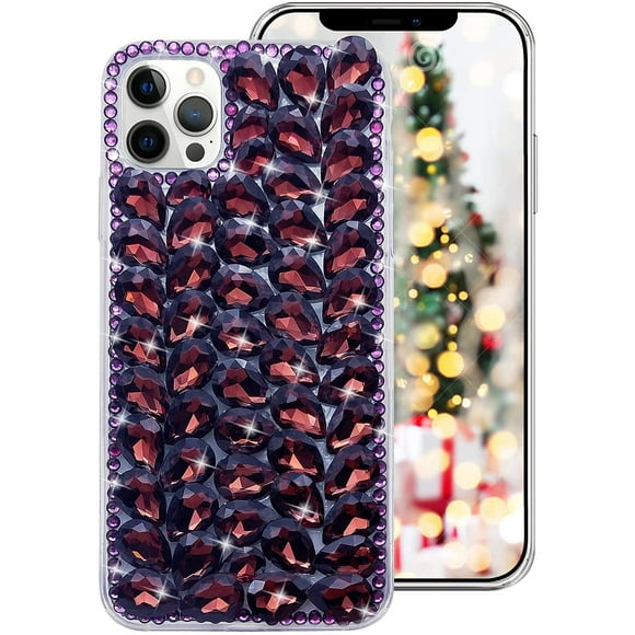 for iPhone 12 Pro Max Bling Diamond Case for Women Cute 3D Rhinestone Crystal Shiny Sparkle Handmade Gemstone Protective Cover Luxury Fashion Glitter Case for iPhone 12 Pro Max 6.7 inch Purple