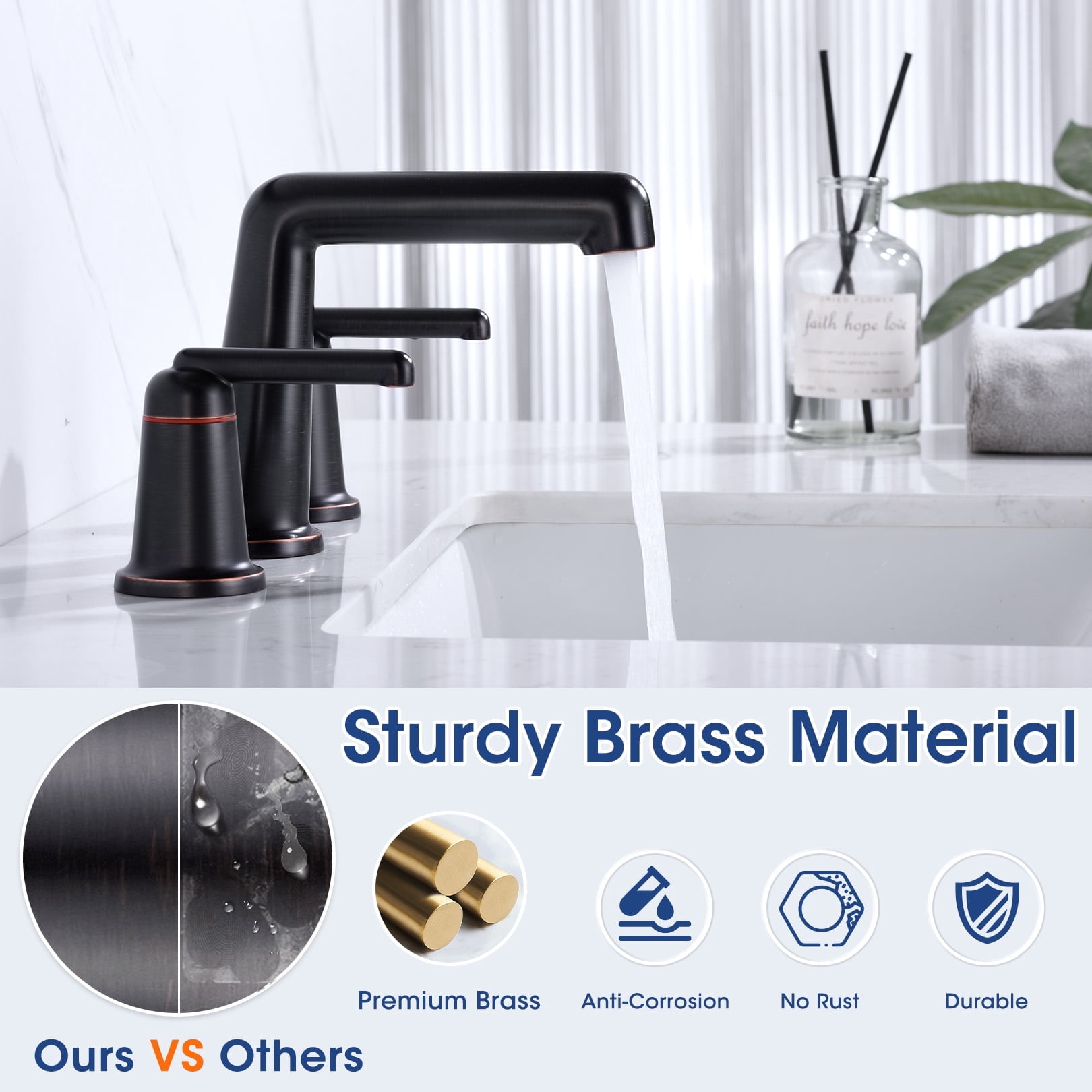 Wowkk 3 Hole Bathroom Faucet 2 Handle Widespread Bathroom Sink Faucet with Pop up Drain and Supply Lines, Brass Vanity Faucet for Rv Farmhouse Lavatory Restroom Sink, Oil Rubbed Bronze
