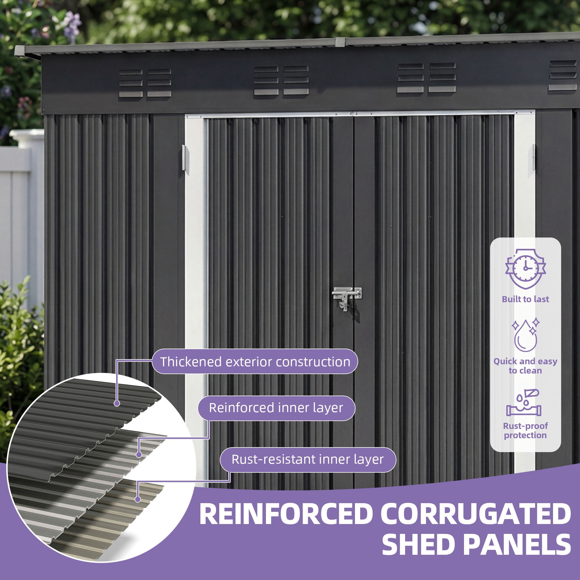 Uforic 8.5' x 3.5' Oversized Steel Outdoor Storage Shed, Heavy-Duty Tool Shed with Lockable Doors and Sloped Roof, Multipurpose Storage for Garden Patio Garage Backyard Lawn, Dark Gray