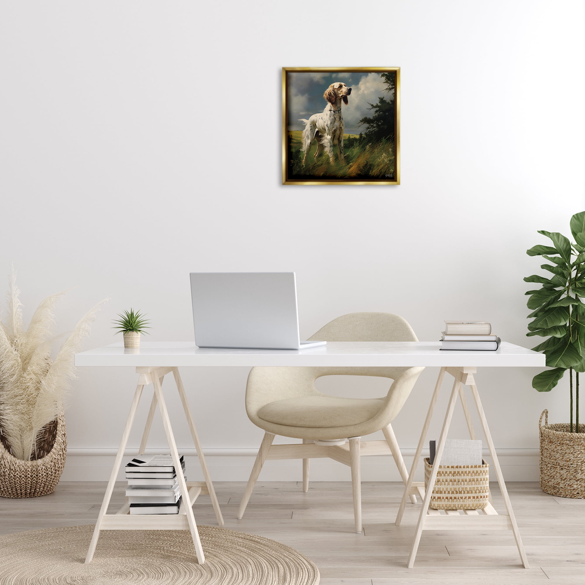 Stupell Industries Windswept Country Dog Landscape Painting Gold Floater Framed Canvas Art Print Wall Art, 18 x 18