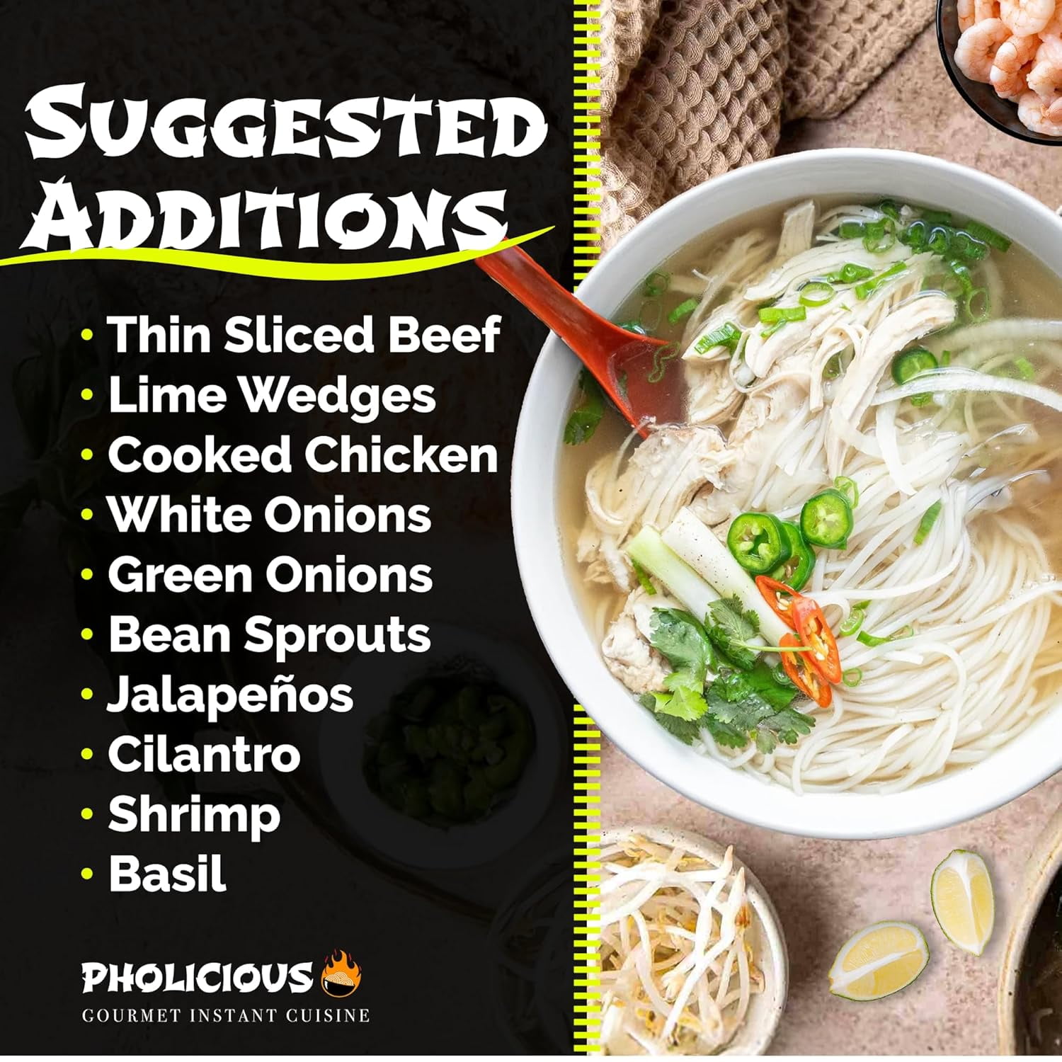 PhoLicious Instant Chicken Pho Bowl, Authentic Vietnamese Rice Noodle Soup, 3.5 oz Single Serve, Restaurant-Quality Chicken Broth, Whole Spices, 4 Minutes, Ramen Alternative, as Seen on Shark Tank