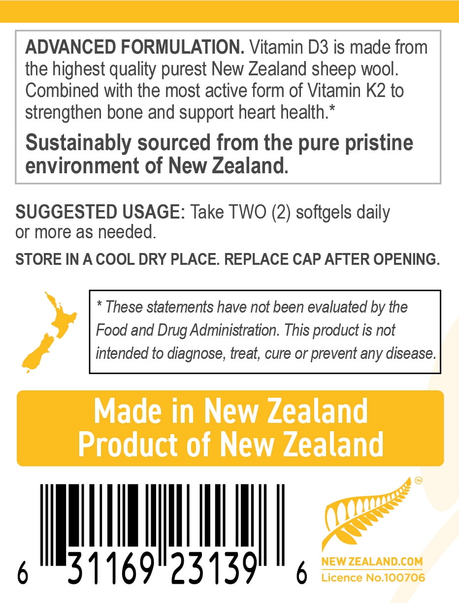 TURNER Vitamin D3 and K2 2000IU, Pure Sheep Wool Antioxidant 120 Capsules, 2 Bottles