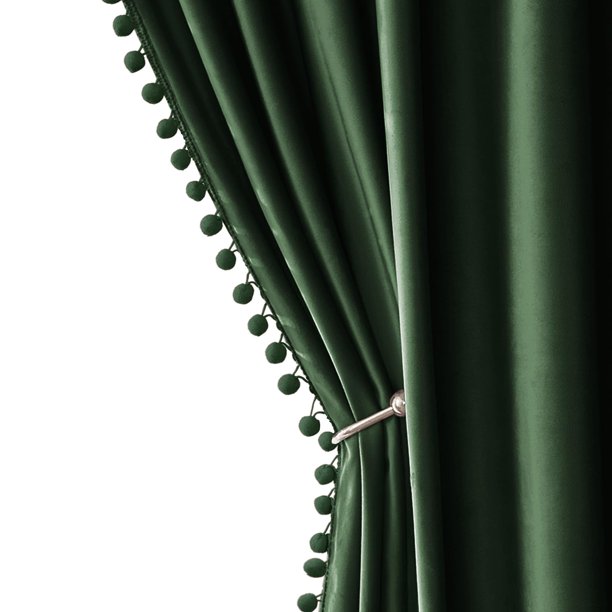 Cortinas MIULEE de terciopelo verde esmeralda con pompones, 244 x 132 cm, 2 unidades