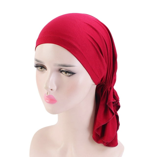 Under $10 Bucket Hats Red Fashion Women Reversible Adjustable Beading Braid Hat Muslim Ruffle Cancer Wrap Cap Sleep Caps Satin Lined Hair Bonnets