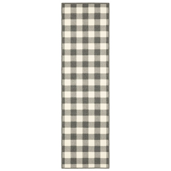2â€™x8â€™ Gray and Ivory Gingham Indoor Outdoor Runner Rug