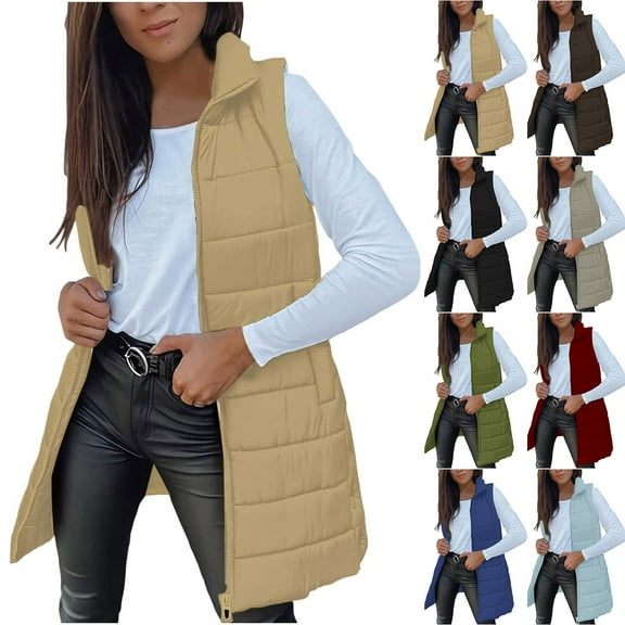 Women Long Puffer Vest Solid Color Full Zip Up Quilted Sleeveless Jacket Lightweight Winter Puffer Outerwear