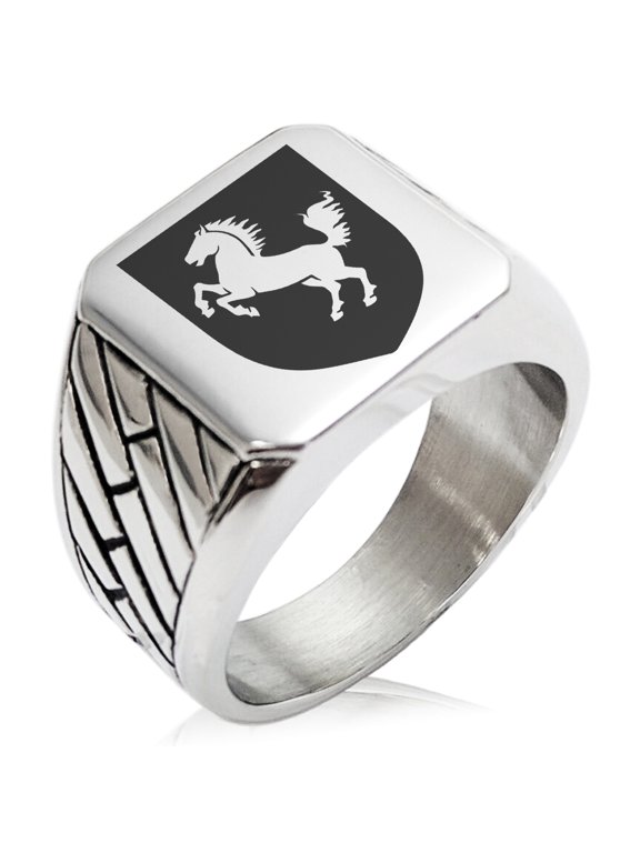 Stainless Steel Horse Battle Coat of Arms Shield Geometric Pattern Biker Style Polished Ring