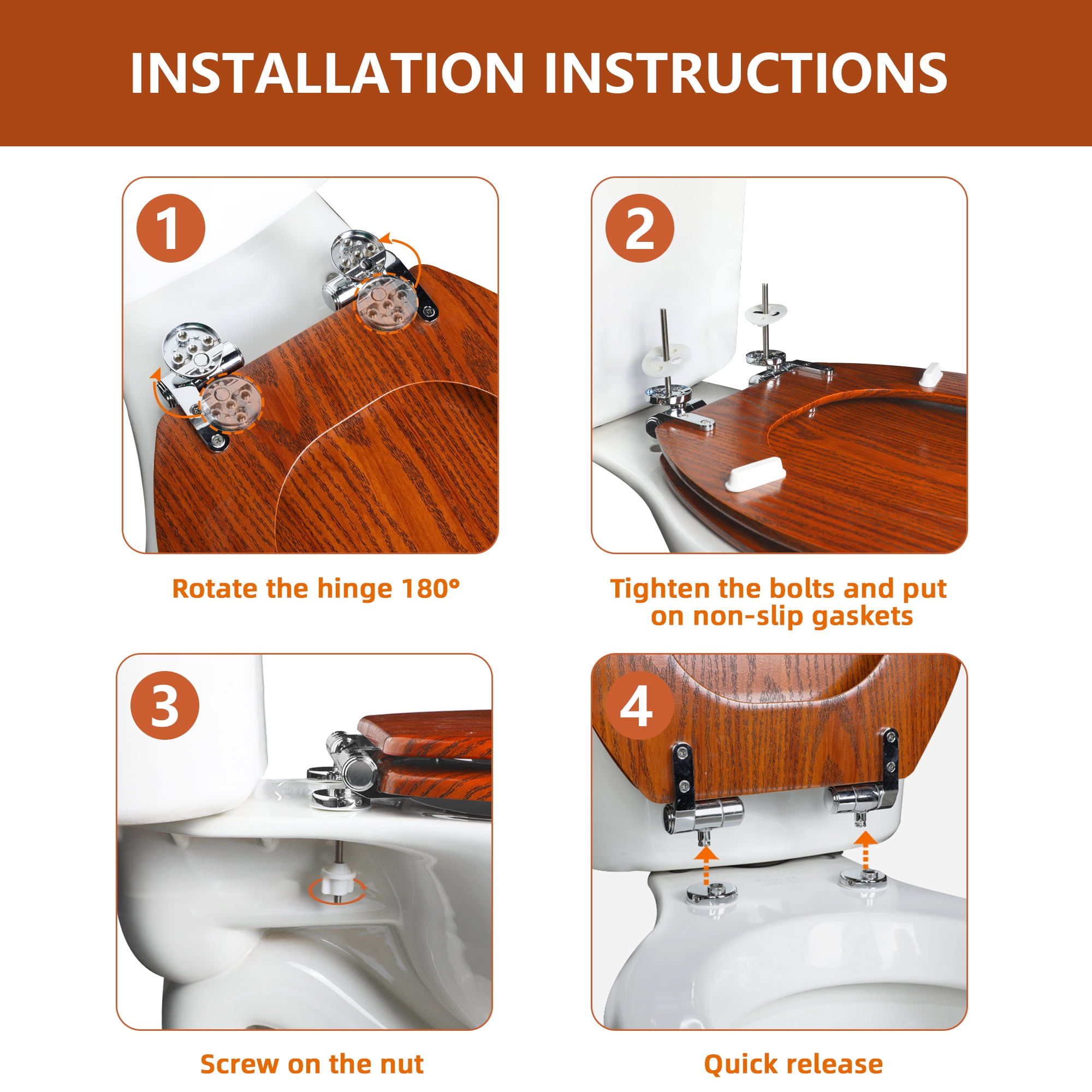 Elongated Toilet Seat Molded Wood Toilet Seat with Quietly Close and Quick Release Hinges, Easy to Install also Easy to Clean by Angol Shiold (Elongated, Brownish Yellow)