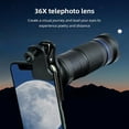 thumbnail image 4 of Mobile 36X Phone Telephoto Lens Kit With Mini Tripod Phone Clip Phone Holder Lens Bag Cleaning Cloth For Hiking Camping Wildlife Observation Moon Sports Game Concert Watching, 4 of 7