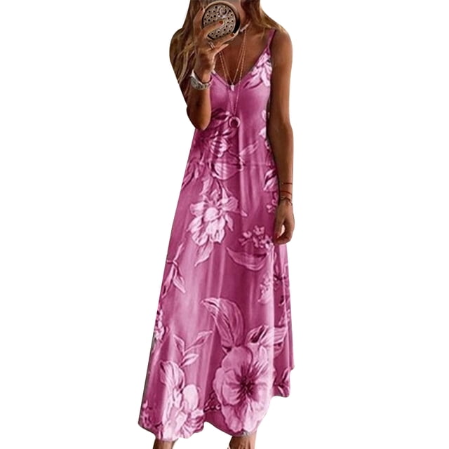 Innerwin Robes à Bretelles Imprimé Floral Robe Longue Maxi Hawaïenne Col en V Rose Rouge G
