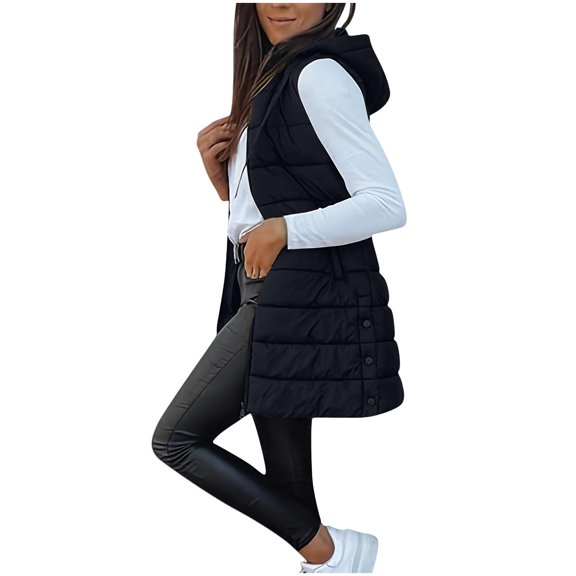 Sexlip Long Puffer Vest Women Winter Quilted Hooded Lightweight Zip Up Sleeveless Coat Casual Warm Jackets with Pockets Black XL
