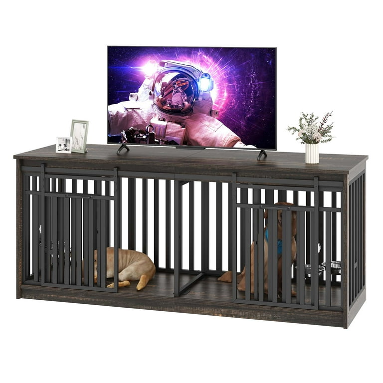 Uforic 71-Inch Heavy Duty Dog Crate Furniture with 4 Dog Bowl,Double Dog Kennel Furniture for Dog Cage Table - Black Oak