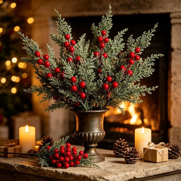 Artificial Christmas Pine Branches with Red Berry Stems, 18" Faux Cedar Sprigs for Holiday Vase Filler, DIY Wreaths, Garlands, Mantle, Table Home Xmas Decor(A)