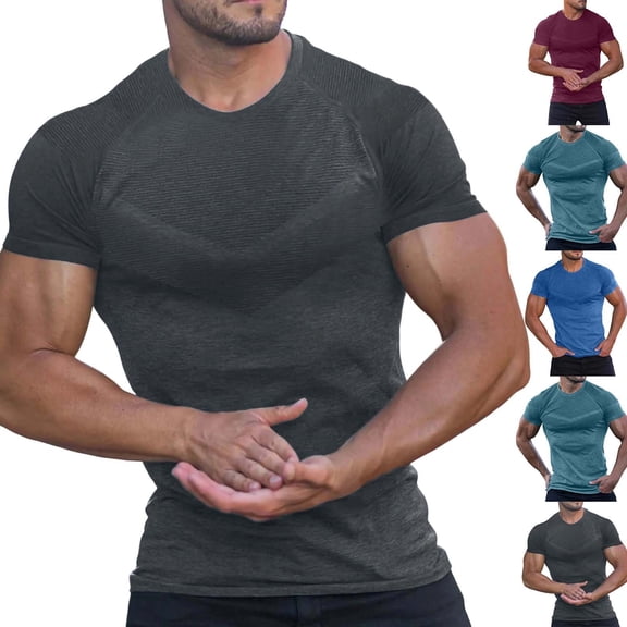 SROBPTY Mens T-Shirts Solid Round Neck Short Sleeve Stretch Basic Summer Tops for Everyday Wear