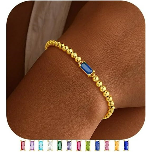 Turandoss September Birthstone Bracelet for Women Dainty Sapphire Blue Birthstone 14K-Gold-Plated Elastic Bead Bracelets Trendy Friendship Jewelry Gifts for Women Girls