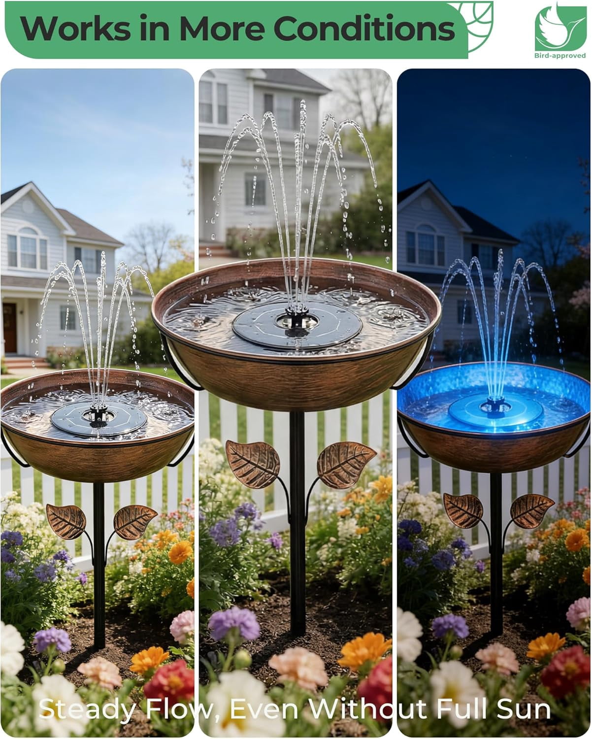 Metal Bird Bath with Solar Fountain - 13" Large Outdoor Birdbath Bowl + 6.3" Solar Pump with Battery & LED Lights | 1.4 Gallon Garden Bird Bath for Yard, Lawn, Patio, Flowing Water Feature