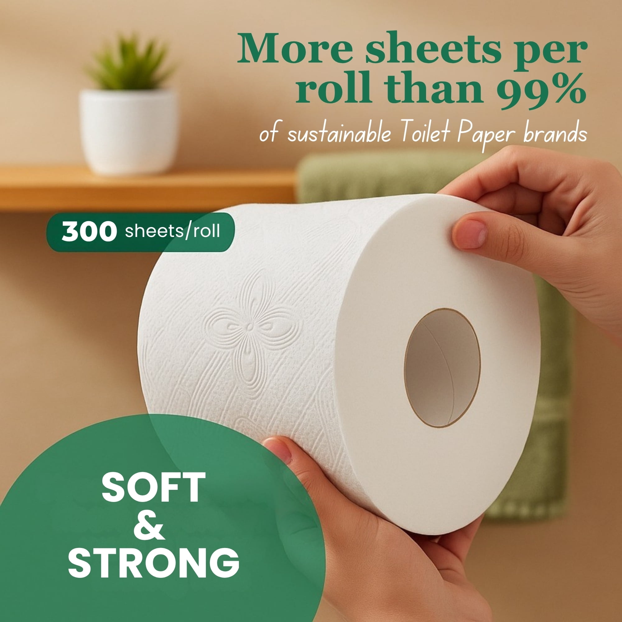 SRIAA 100% Bamboo Tree-Free Toilet Paper – 24 Premium Family Mega  Rolls, 3-Ply, 300 Sheets Per Roll – Ultra Soft & Strong, Plastic-Free Packaging, Septic Safe, FSC Certified – We Save Trees