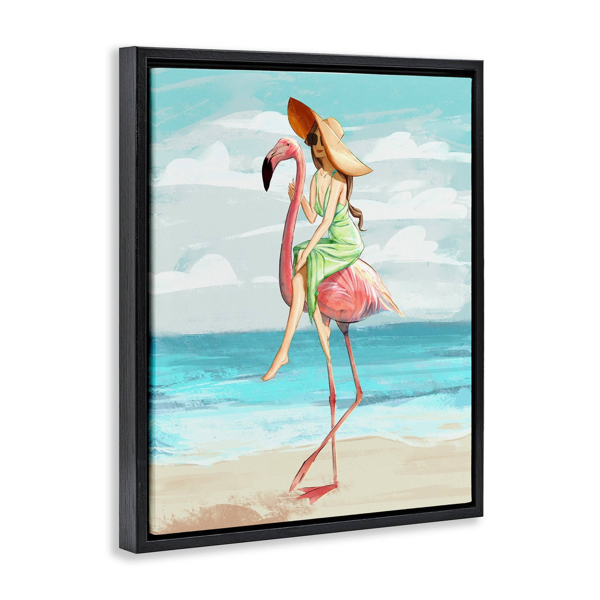 Stupell Industries Beach Woman Riding Pink Flamingo Tall Tropical Bird Jet Black Framed Floating Canvas Wall Art, 24x30, by Ziwei Li