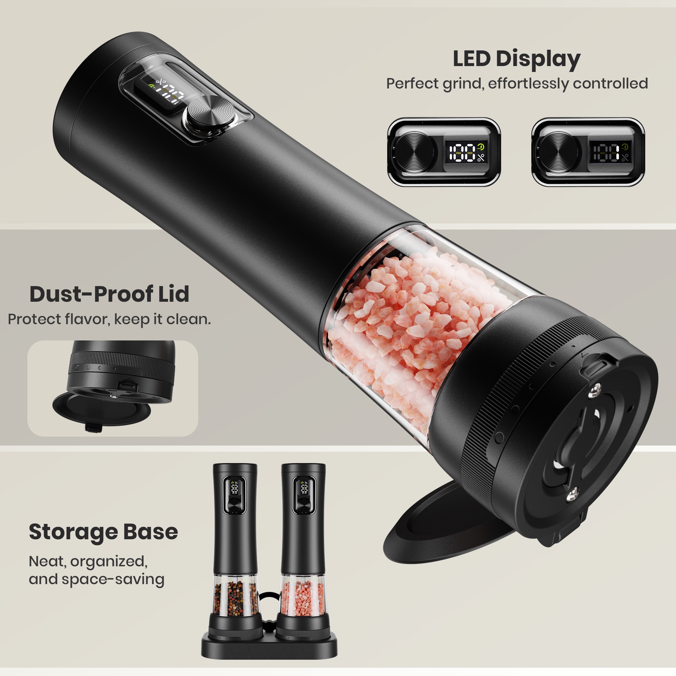 Moreblue Electric Salt and Pepper Grinder Set, Automatic Rechargeable Salt and Pepper Shaker with LED light, Pepper Mill with 5 Adjustable Coarseness(Black)